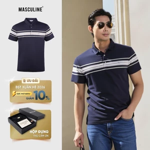 Áo polo nam cao cấp MASCULINE APL612 - Phom regular fit áo cổ bẻ phối phối sọc ngang màu xanh đen