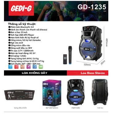 Loa Bluetooth, loa Kéo, loa Karaoke GEDI-G GD-1235 plus - Bass 30 - Hàng Chính Hãng
