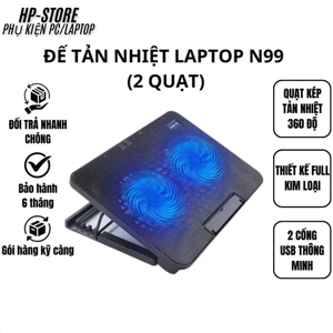 Đế Tản Nhiệt Laptop N99 cho laptop từ 13.3 đến 17 inch 2 Fan đèn Led, Đế Nâng 45 Độ, chạy êm làm mát cực nhanh.