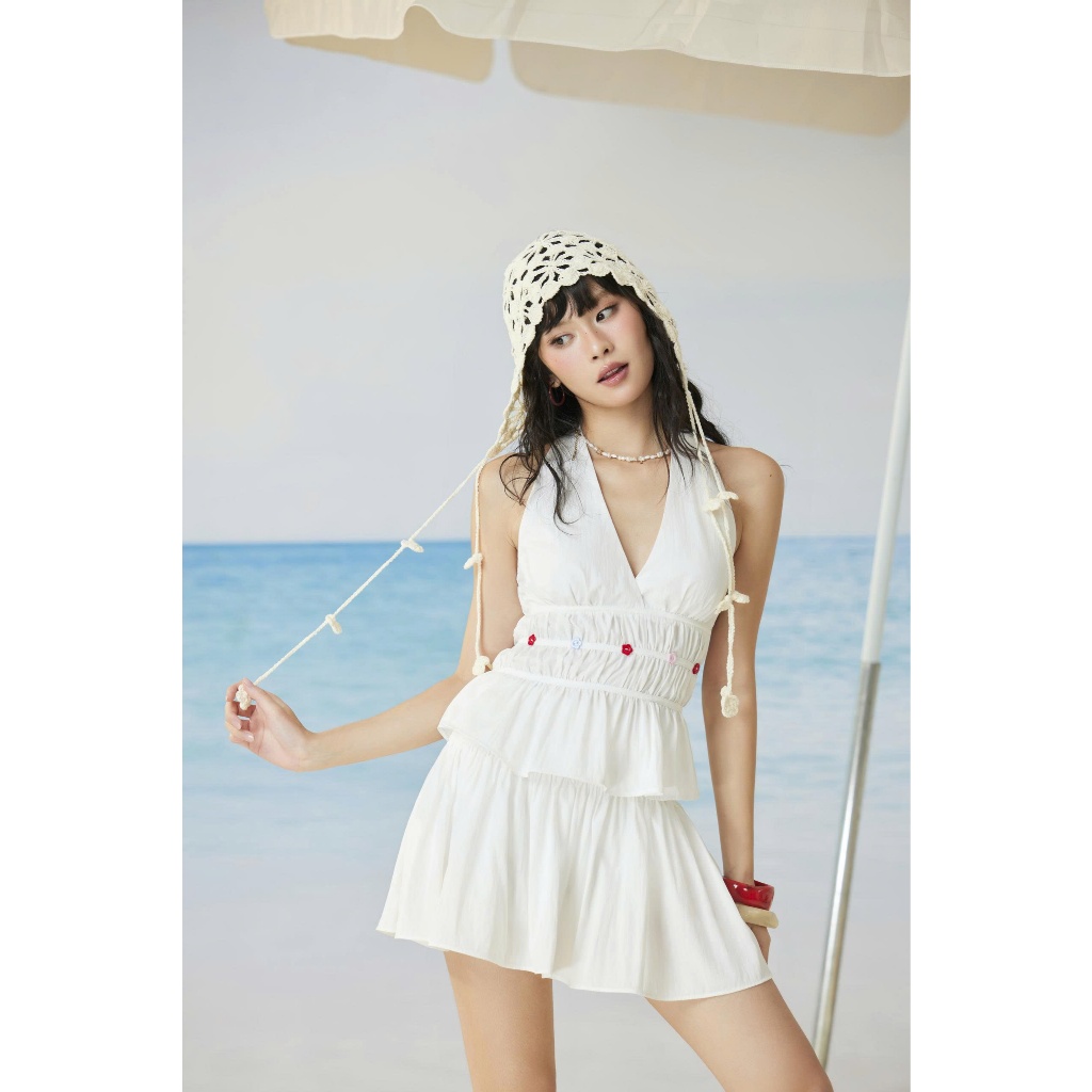 Set Nữ OKERY Áo Cổ Yếm Hở Lưng Phối Cúc Màu Sắc Và Chân Váy Xòe Mùa Hè SECODEE