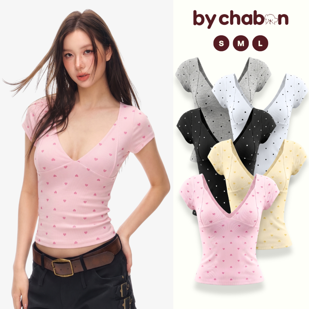 Áo Thun Nữ Cổ V Sâu Kiểu Tay Hến Dáng Ôm Họa Tiết Dễ Thương By ChaBon CB36