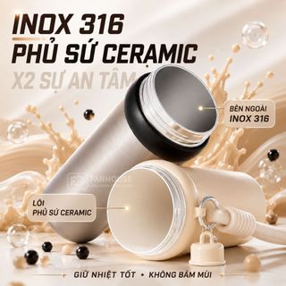 Bình nước giữ nhiệt Milky Tea Inox 316L phủ sứ 700ml, Ly giữ nhiệt Fan House ống hút trà sữa