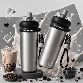 Bình nước giữ nhiệt Milky Tea inox 316L Phủ Sứ, Ly giữ nhiệt Fan House 700ml, ống hút trà sữa