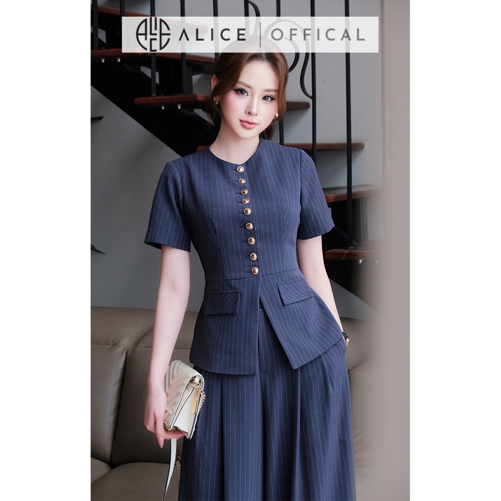Set Đồ Công Sở Thanh Lịch Alice, Áo Dáng Peplum Chất Tuytsi Kẻ Phối Quần Ống Rộng Xếp Ly S1098