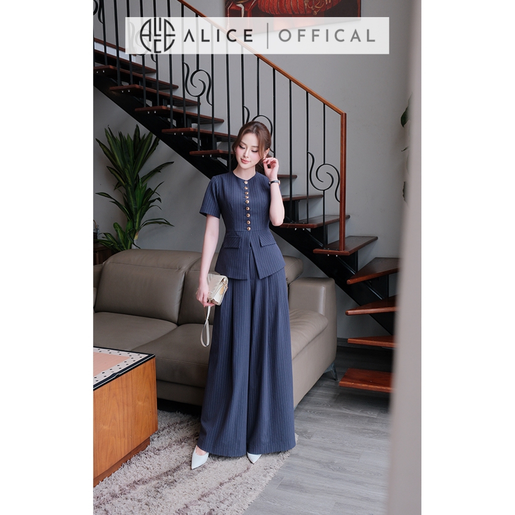 Set Đồ Công Sở Thanh Lịch Alice, Áo Dáng Peplum Chất Tuytsi Kẻ Phối Quần Ống Rộng Xếp Ly S1098