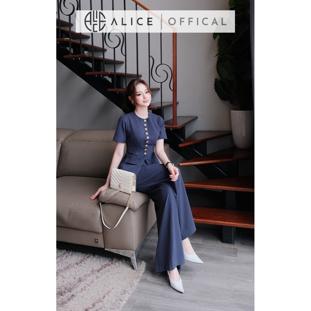 Set Đồ Công Sở Thanh Lịch Alice, Áo Dáng Peplum Chất Tuytsi Kẻ Phối Quần Ống Rộng Xếp Ly S1098