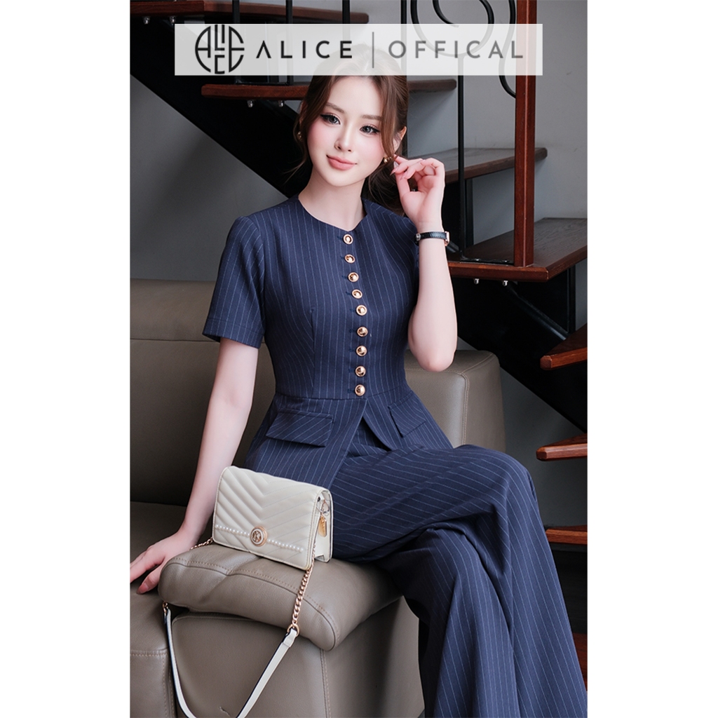 Set Đồ Công Sở Thanh Lịch Alice, Áo Dáng Peplum Chất Tuytsi Kẻ Phối Quần Ống Rộng Xếp Ly S1098