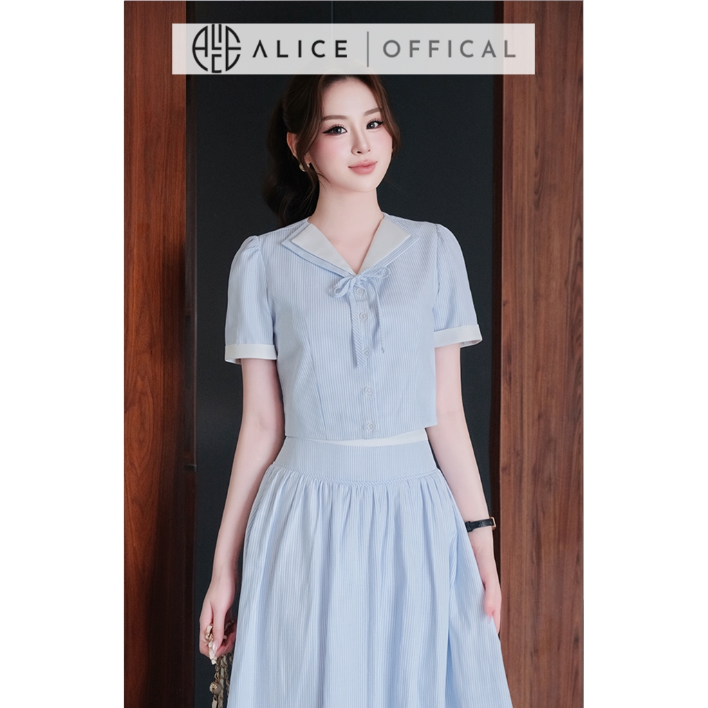 Set Váy Thanh Lịch Alice Chất Thô Kẻ Xanh Phối Trắng, Áo Croptop Bo gấu Cổ Thủy Thủ Phối Váy Midi Cạp Cao Xếp Li S1097