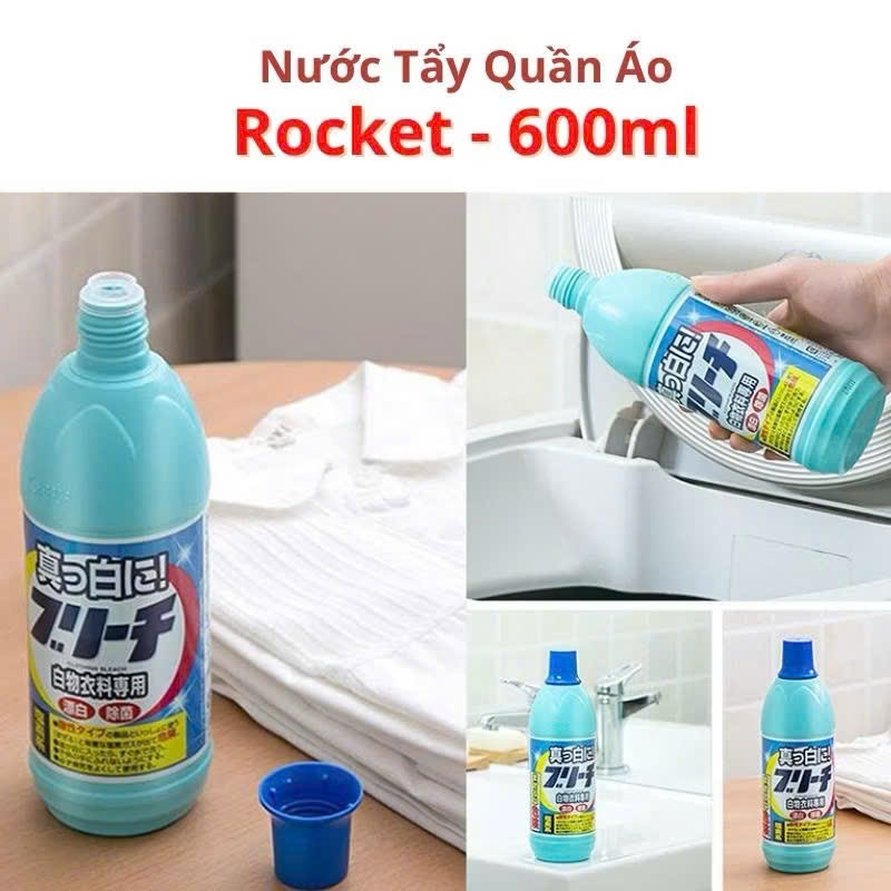 Nước Tẩy Trắng Quần Áo Rocket 600ml Nhật Bản - Tẩy Vết Ố Vàng, Vết Bẩn Cứng Đầu, Khử Mùi