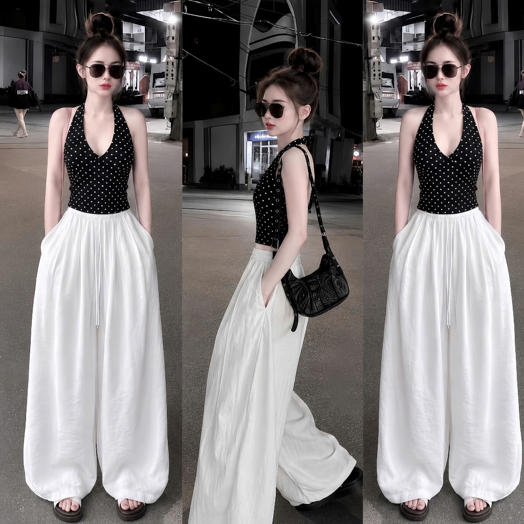 Sét áo yếm chấm bi chất kate lụa, phối quần dũi suông rộng thời trang
