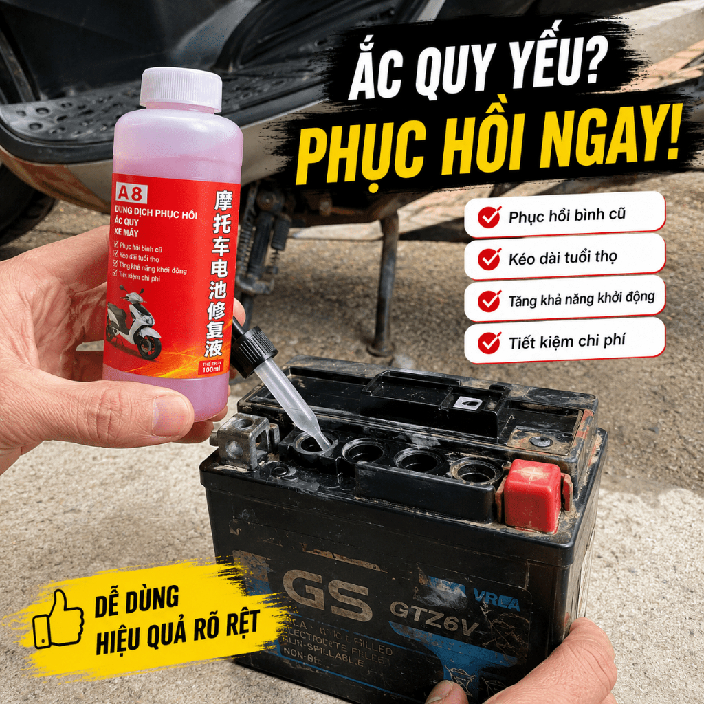 Dung Dịch Phục Hồi Ắc Quy Xe Máy 500ml|Hỗ Trợ Bình Yếu Điện|Tăng Khả Năng Khởi Động|Kéo Dài Tuổi Thọ