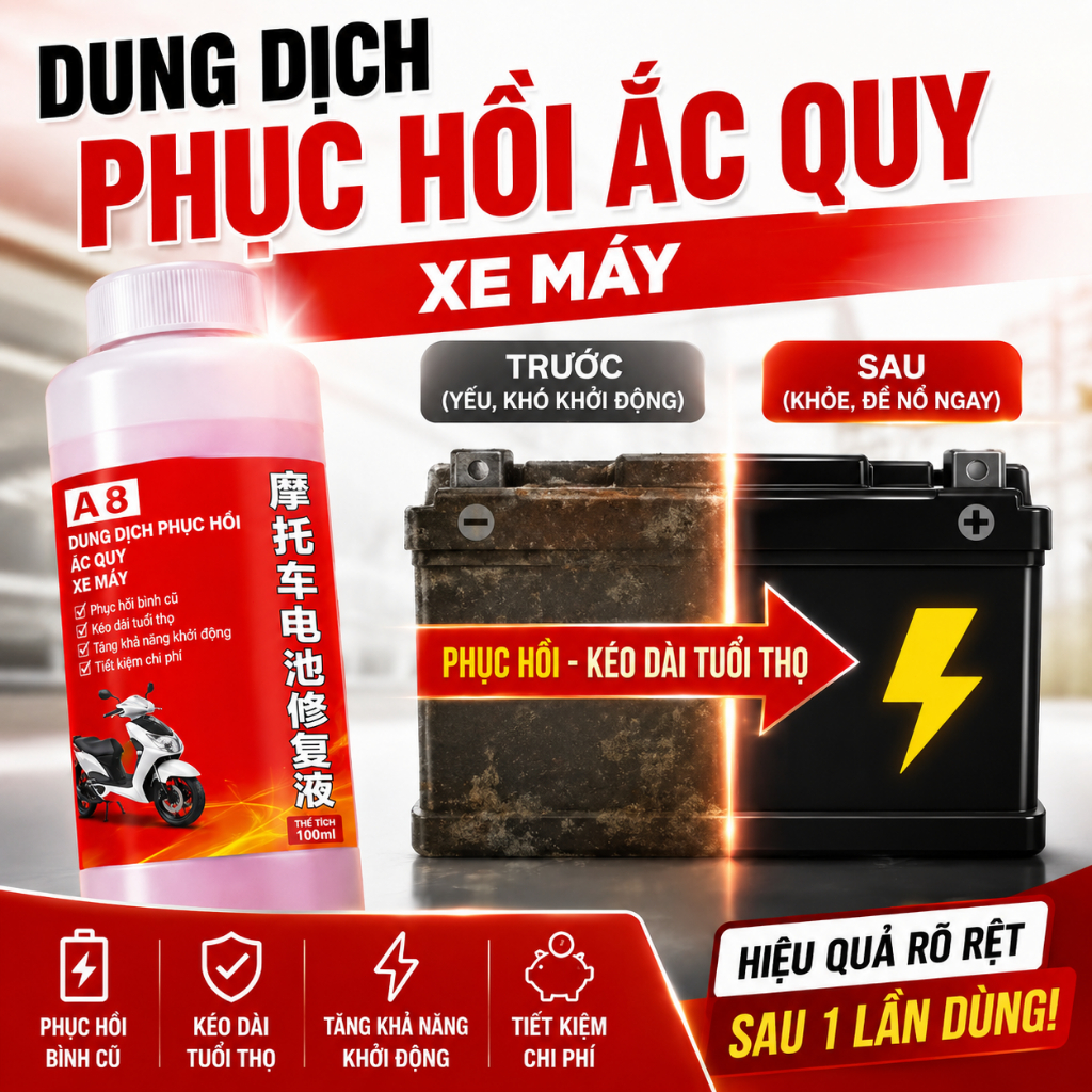 Dung Dịch Phục Hồi Ắc Quy Xe Máy 500ml|Hỗ Trợ Bình Yếu Điện|Tăng Khả Năng Khởi Động|Kéo Dài Tuổi Thọ