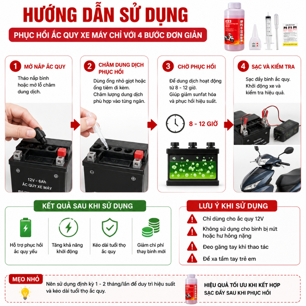 Dung Dịch Phục Hồi Ắc Quy Xe Máy 500ml|Hỗ Trợ Bình Yếu Điện|Tăng Khả Năng Khởi Động|Kéo Dài Tuổi Thọ