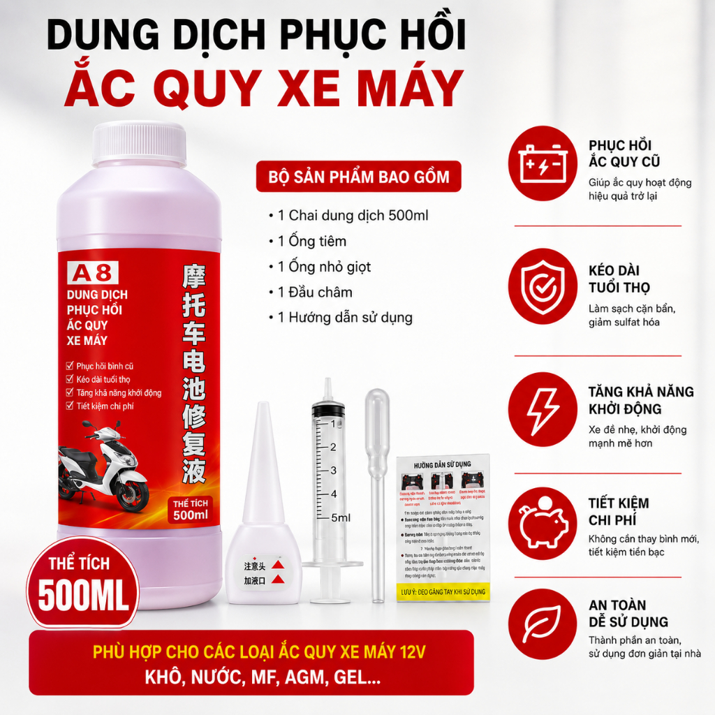 Dung Dịch Phục Hồi Ắc Quy Xe Máy 500ml|Hỗ Trợ Bình Yếu Điện|Tăng Khả Năng Khởi Động|Kéo Dài Tuổi Thọ