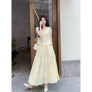 ​HB - Set Bộ Váy Cotton Ren Áo Sát Nách Kèm Chân Váy Dài Đi Biển Dạo Phố S151