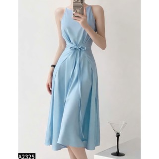 Đầm midi cổ yếm vạt eo vải trượt hàn dáng dài sanh chảnh A2325