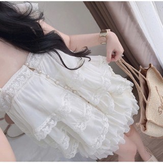 Set váy thời trang nữ chất tơ ánh kim tay ngắn cổ vuông viền xếp tầng phối váy mini xòe tôn dáng phù hợp diện di chơi