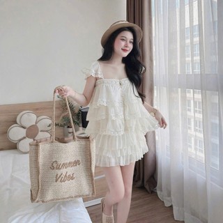 Set váy thời trang nữ chất tơ ánh kim tay ngắn cổ vuông viền xếp tầng phối váy mini xòe tôn dáng phù hợp diện di chơi