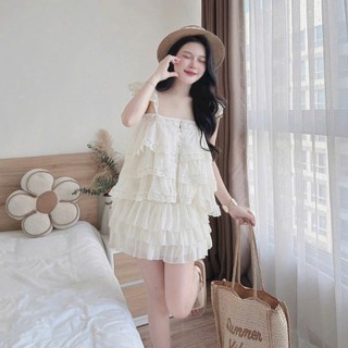 Set váy thời trang nữ chất tơ ánh kim tay ngắn cổ vuông viền xếp tầng phối váy mini xòe tôn dáng phù hợp diện di chơi