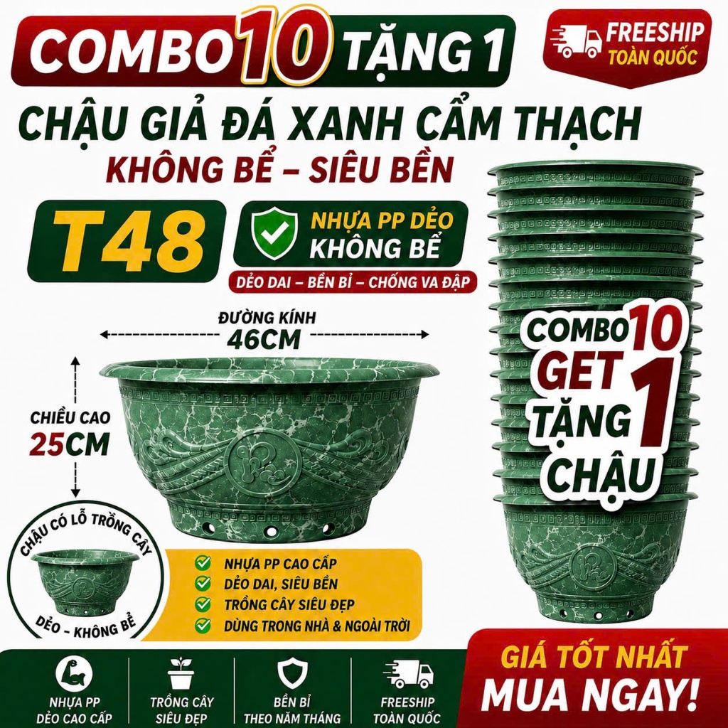 10 Chậu nhựa trồng cây Phúc lộc thọ T48,kích thước 46x23cm, chậu trồng hoa cây cảnh quất đào tết