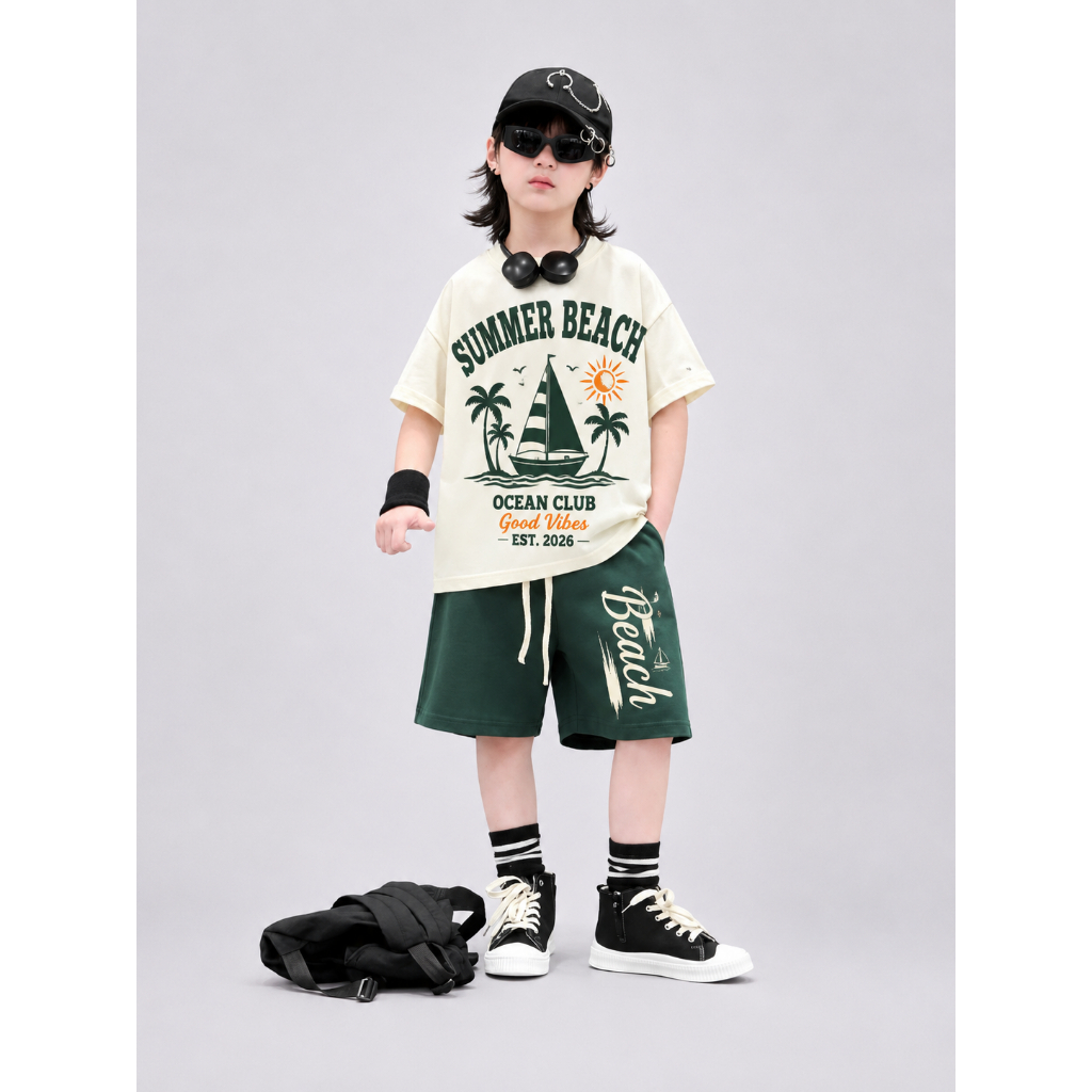 Bộ Cotton Mềm Mát Áo Thun Tay Ngắn Quần Short SUMMER BEACH Cho Bé Trai 5-15 Tuổi Hè Năng Động