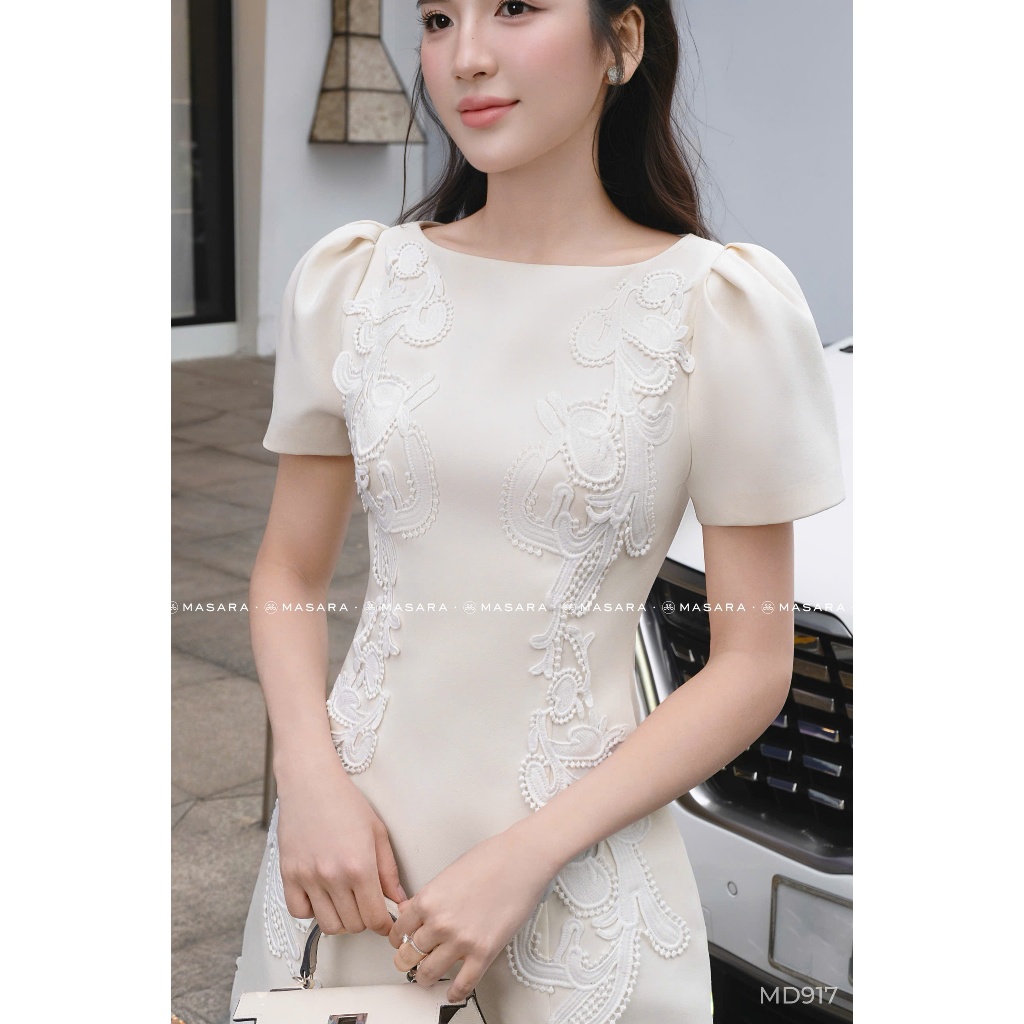 Đầm Masara tone ke  dáng suông ôm eo phối ren phong cách công sở thanh lịch MD917
