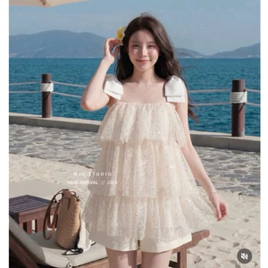 Set áo babydoll xoè tầng phối nơ vai kèm quần short cạp cao mặc đi chơi đi biển ,Set ren kim sa 2S quai nơ kèm quần đùi