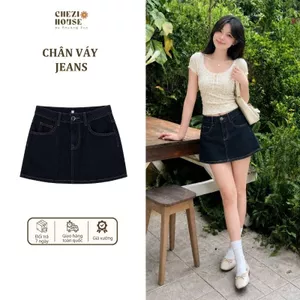 Chân Váy Jean Ngắn Dáng A CHEZI HOUSE Màu Xanh Than Denim Form Giả Váy Tôn Dáng SML 8508