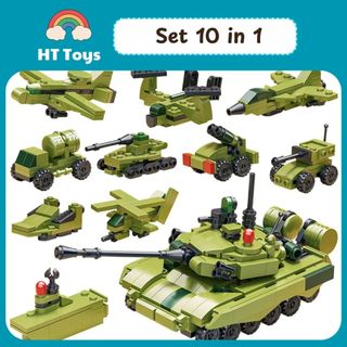 Bộ đồ chơi lắp ghép 10in1 lắp được nhiều kiểu chủ đề xe cứu hoả, xe tăng, xe máy xúc, khủng long HT Toys