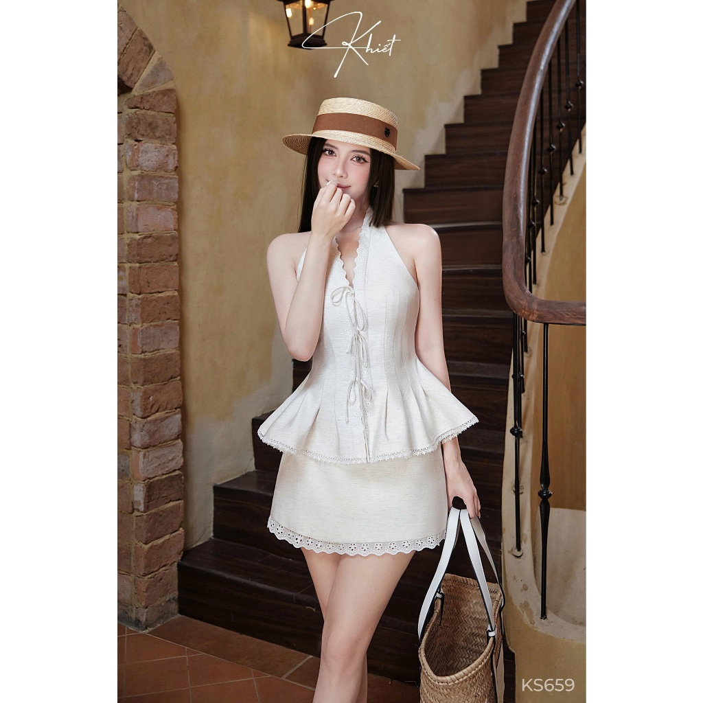 Set áo linen cotton cổ yếm viền ren phối chân váy ngắn phong cách nữ tính trẻ trung KS659
