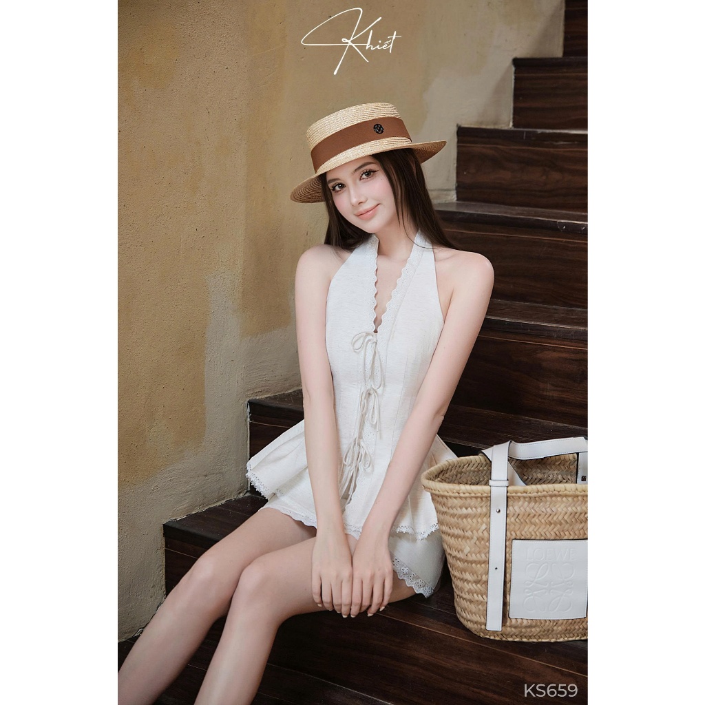 Set áo linen cotton cổ yếm viền ren phối chân váy ngắn phong cách nữ tính trẻ trung KS659