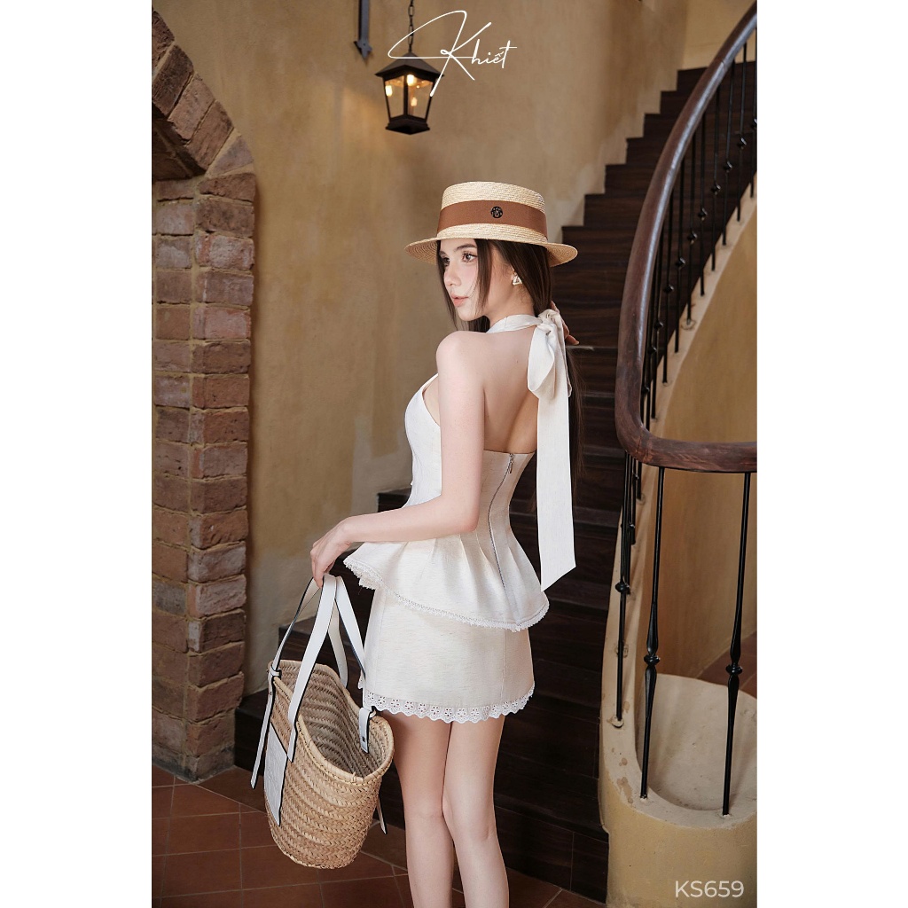 Set áo linen cotton cổ yếm viền ren phối chân váy ngắn phong cách nữ tính trẻ trung KS659