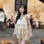 Set áo kiểu nữ cổ vuông tay ngắn phối ren xoè tầng đính nơ đen kèm quần sooc phong cách bánh bèo mặc đi chơi đi du lịch