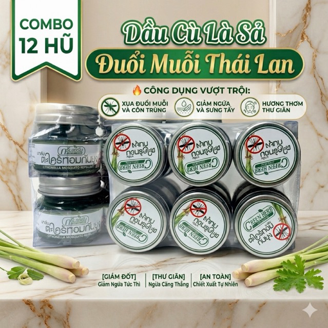 [Combo 12 Hũ] Dầu Cù Là Sả Đuổi Muỗi Green Herb Thái Lan (30g/Hũ) - Hỗ Trợ Làm Dịu Da, Giảm Ngứa Do Côn Trùng Cắn