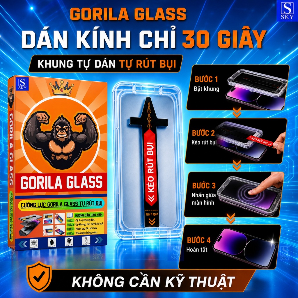 [COMBO 2 KÍNH] Kính GORILA GLASS Chống Nhìn Trộm Cho cường lực iPhone 11-17 Pro Max, Khung Tự Dán Tự Rút Bụi