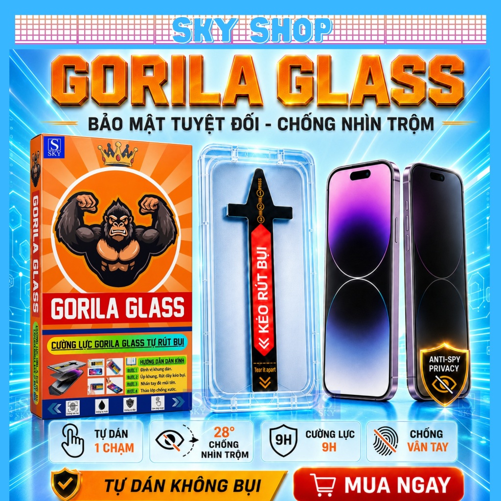 [COMBO 2 KÍNH] Kính GORILA GLASS Chống Nhìn Trộm Cho cường lực iPhone 11-17 Pro Max, Khung Tự Dán Tự Rút Bụi