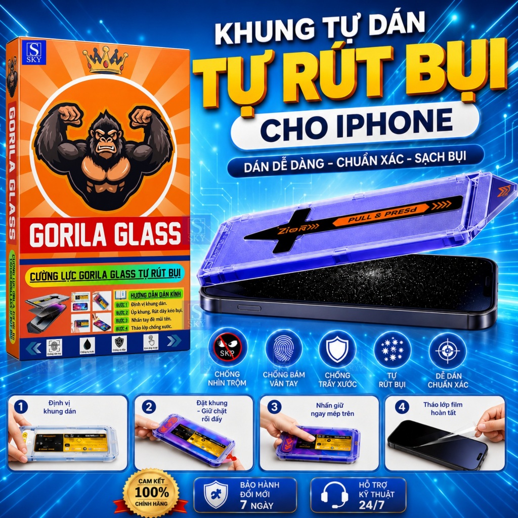 [COMBO 2 KÍNH] Kính GORILA GLASS Chống Nhìn Trộm Cho cường lực iPhone 11-17 Pro Max, Khung Tự Dán Tự Rút Bụi
