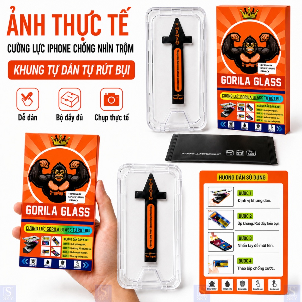 [COMBO 2 KÍNH] Kính GORILA GLASS Chống Nhìn Trộm Cho cường lực iPhone 11-17 Pro Max, Khung Tự Dán Tự Rút Bụi