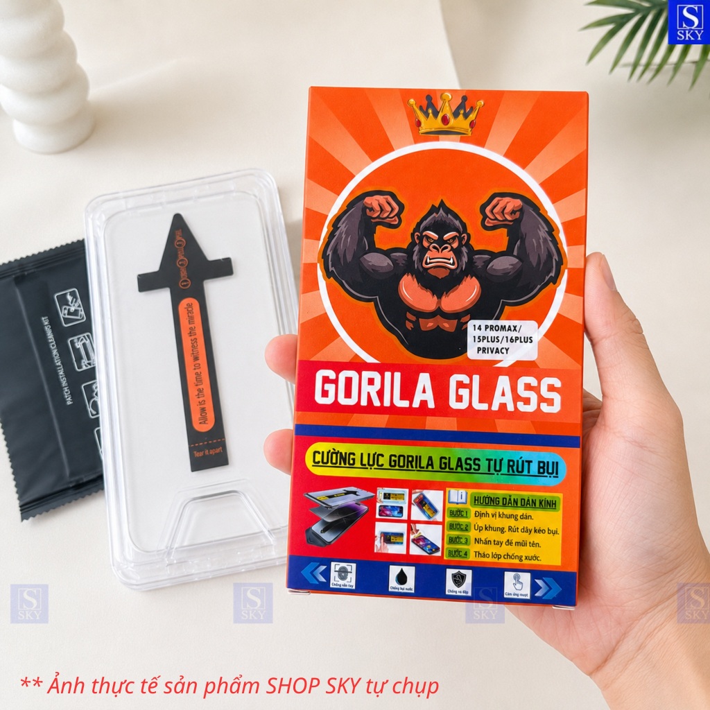 [COMBO 2 KÍNH] Kính GORILA GLASS Chống Nhìn Trộm Cho cường lực iPhone 11-17 Pro Max, Khung Tự Dán Tự Rút Bụi