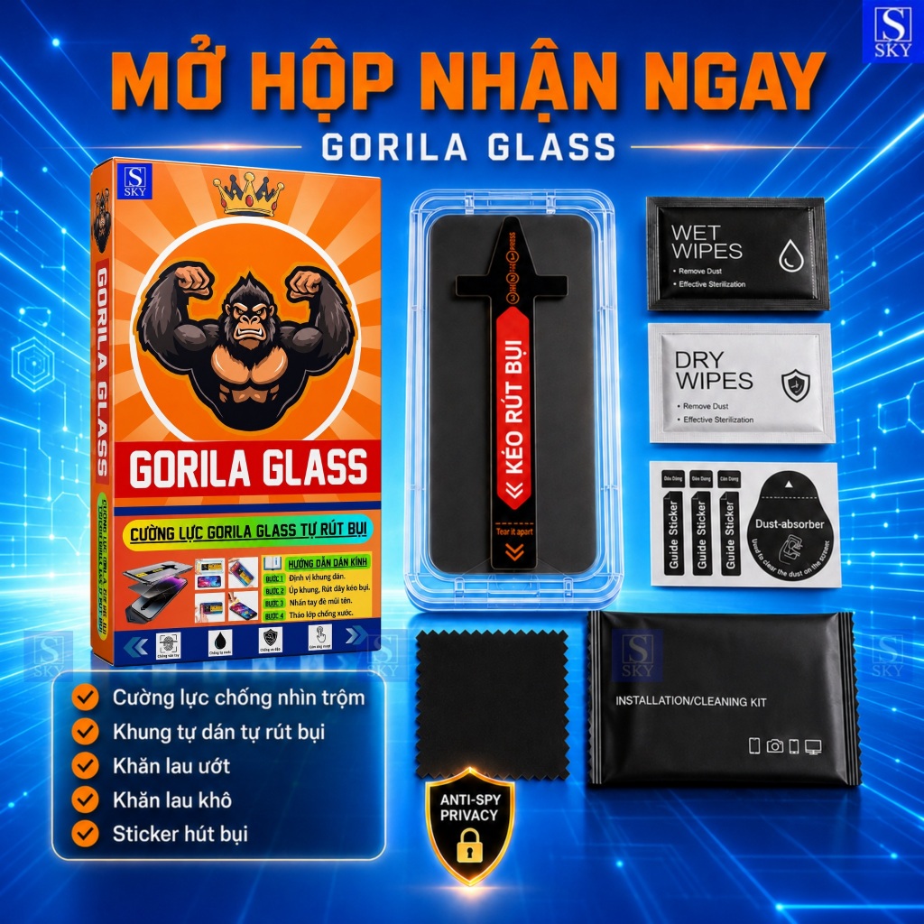 [COMBO 2 KÍNH] Kính GORILA GLASS Chống Nhìn Trộm Cho cường lực iPhone 11-17 Pro Max, Khung Tự Dán Tự Rút Bụi