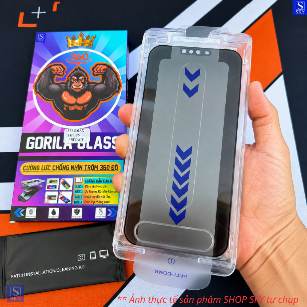 Kính Cường Lực GORILA Glass Chống Nhìn Trộm 360 Độ Có Khung Tự Dán Rút Bụi Cho iPhone 11-17 Pro Max X XR XS Max
