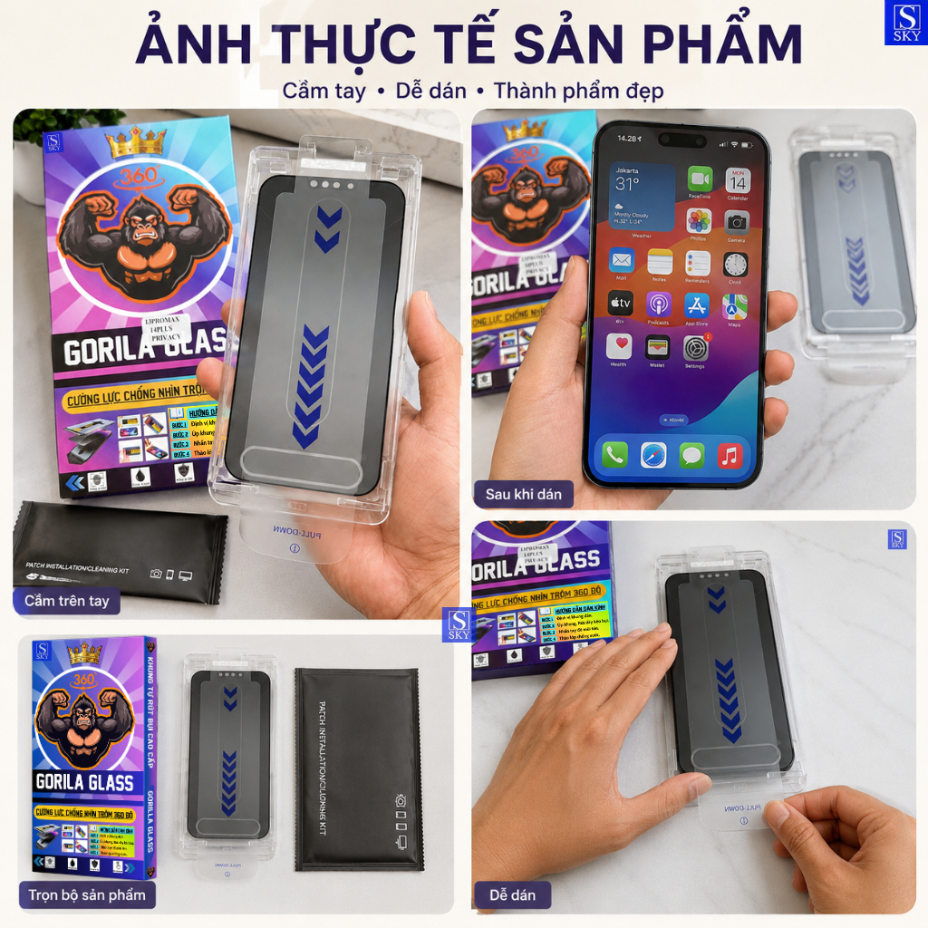 Kính Cường Lực GORILA Glass Chống Nhìn Trộm 360 Độ Có Khung Tự Dán Rút Bụi Cho iPhone 11-17 Pro Max X XR XS Max