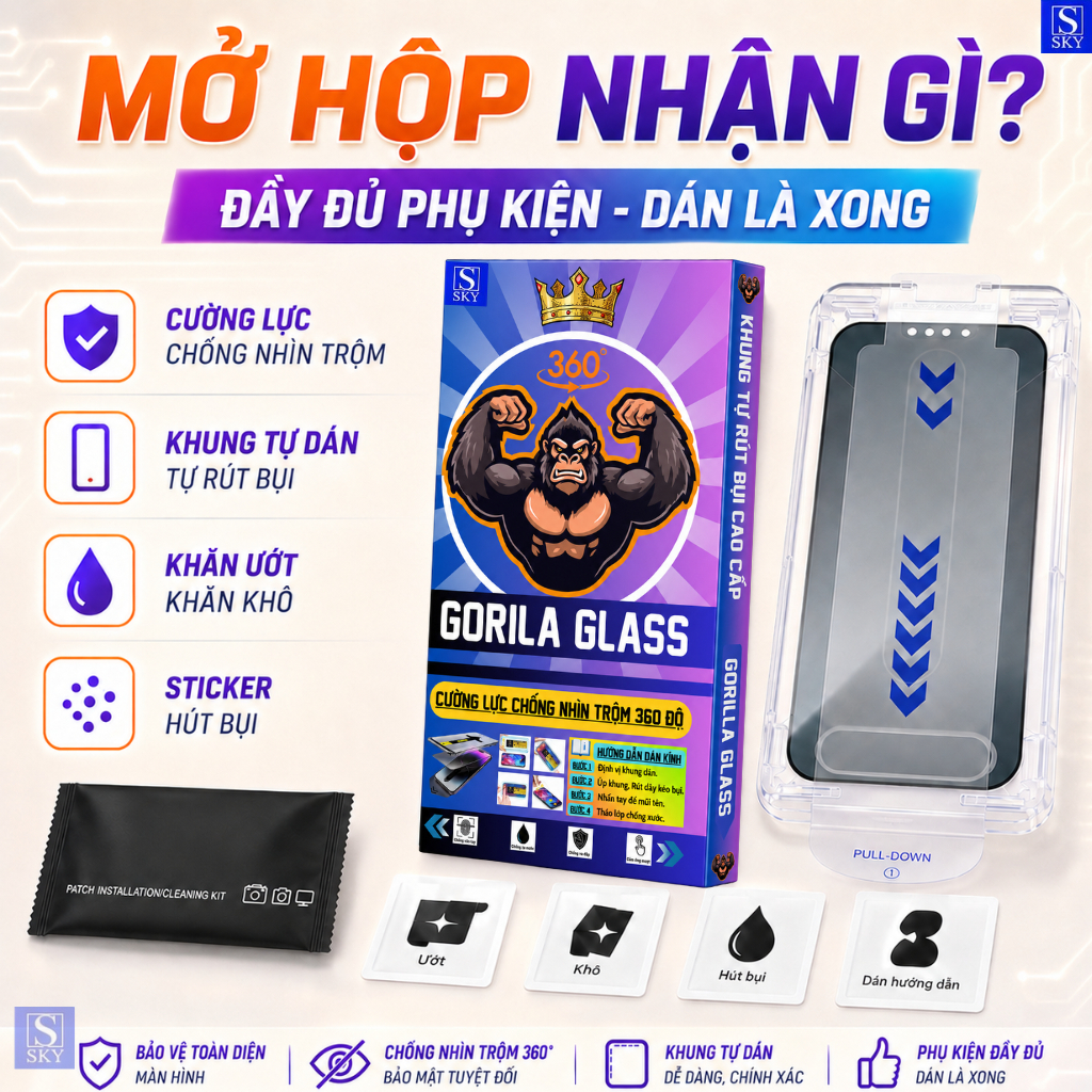 Kính Cường Lực GORILA Glass Chống Nhìn Trộm 360 Độ Có Khung Tự Dán Rút Bụi Cho iPhone 11-17 Pro Max X XR XS Max