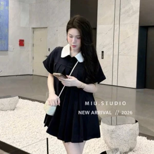 Đầm suông cổ sen phối ly dập đính khuy sang chảnh ,Váy babydoll tay ngắn phong cách HQ basic đơn giản mặc đi chơi đi học