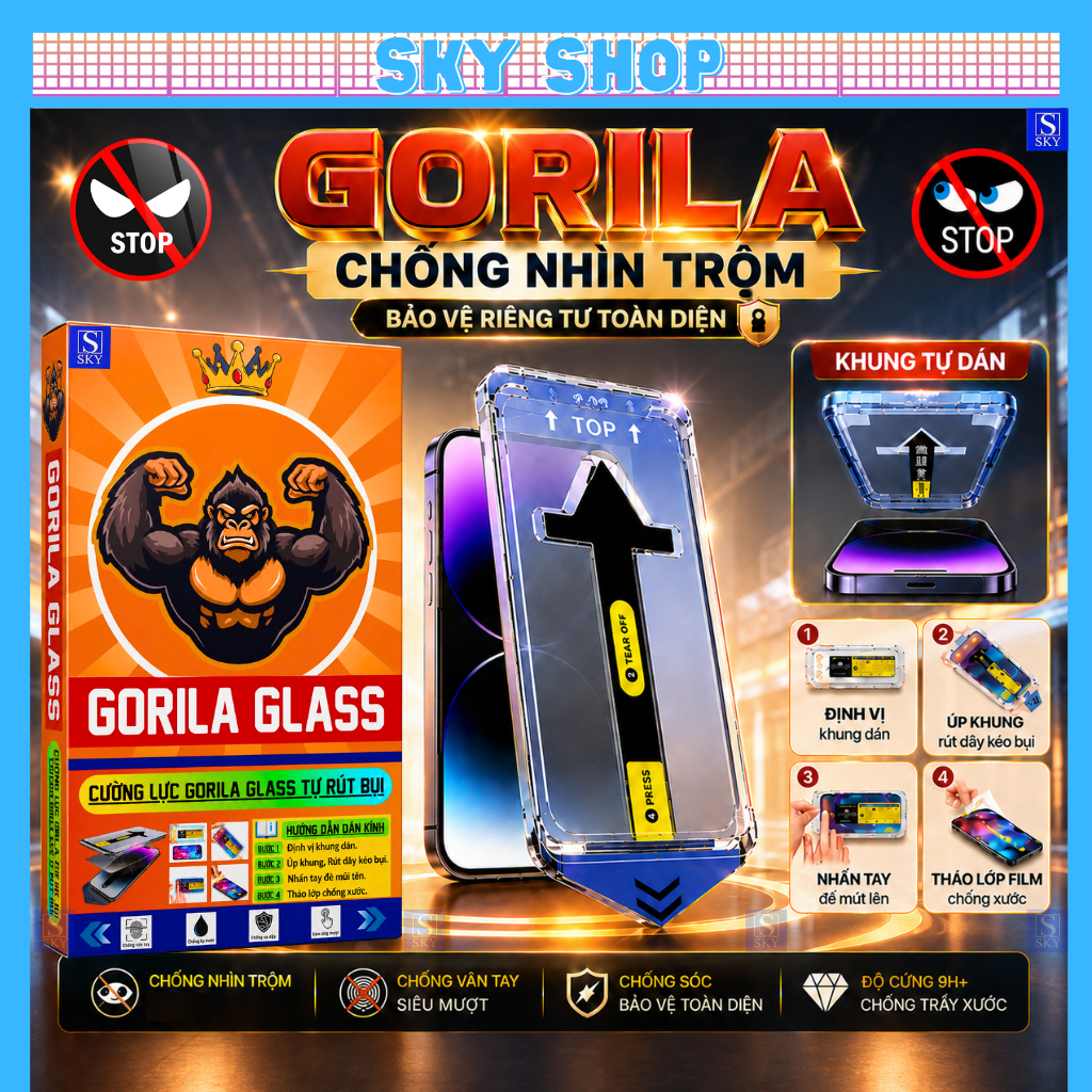 Kính Cường Lực Iphone GORILA Tự Dán Chống Nhìn Trộm FULL HỘP Cho ip 17 ProMax 16 ProMax 15 14 13 12 11 Pro Max Xs Xr