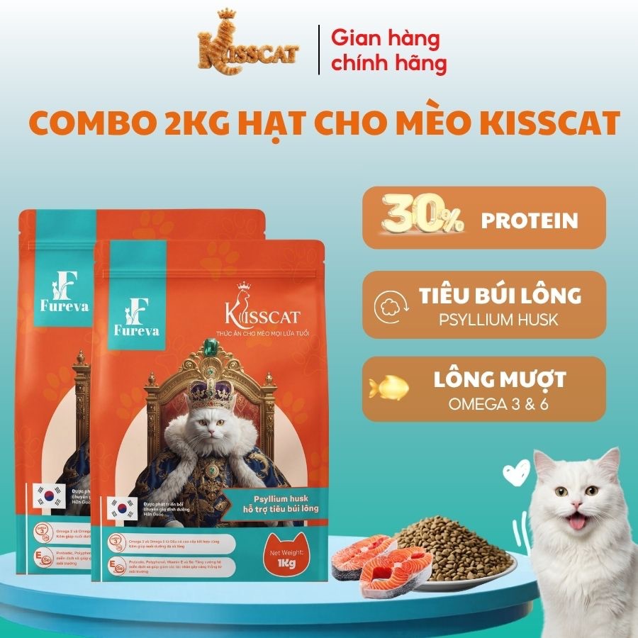 [Combo 2KG] Hạt cho mèo Tiêu búi Lông Kisscat 30% đạm Hỗ trợ lông bóng mượt