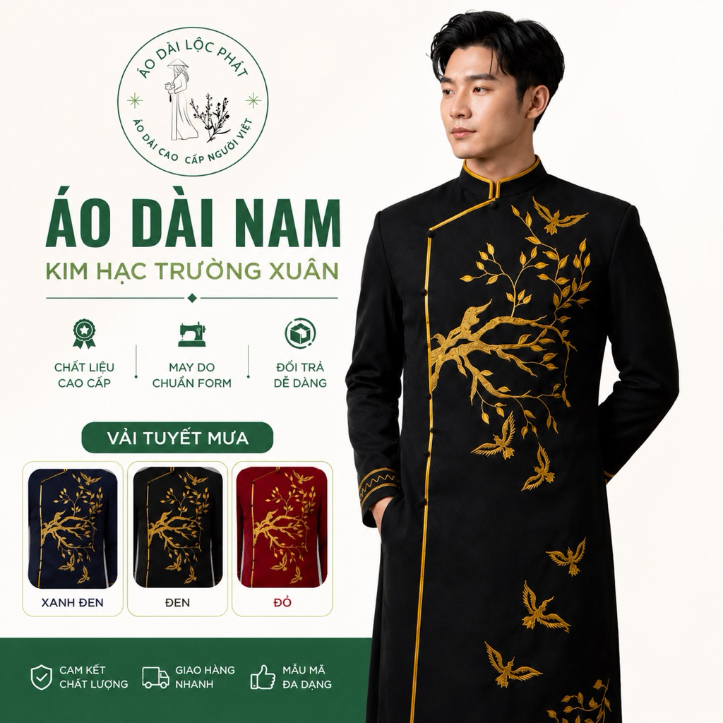 Áo Dài Nam Cách Tân Thêu Kim Hạc Trường Xuân - Áo Dài Lộc Phát