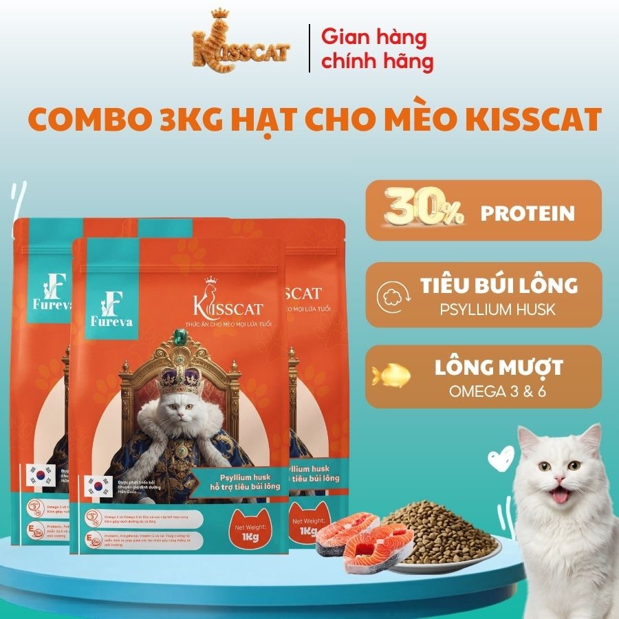 [Combo 3KG] Hạt cho mèo Kisscat - Tiêu búi lông  30% Đạm - Hỗ trợ mượt lông