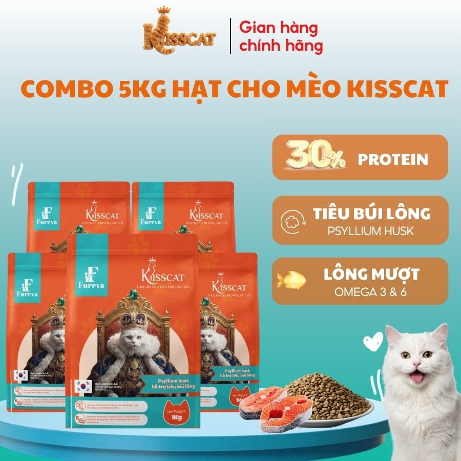 [COMBO 5KG TẶNG 1 GÓI] Hạt cho mèo Kisscat 30% Đạm Tiêu búi lông giúp lông bóng mượt