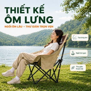 Ghế mặt trăng gấp gọn dã ngoại chịu tải 300kg, ghế camping ngồi êm, khung chắc chắn, kèm túi đựng dễ mang đi